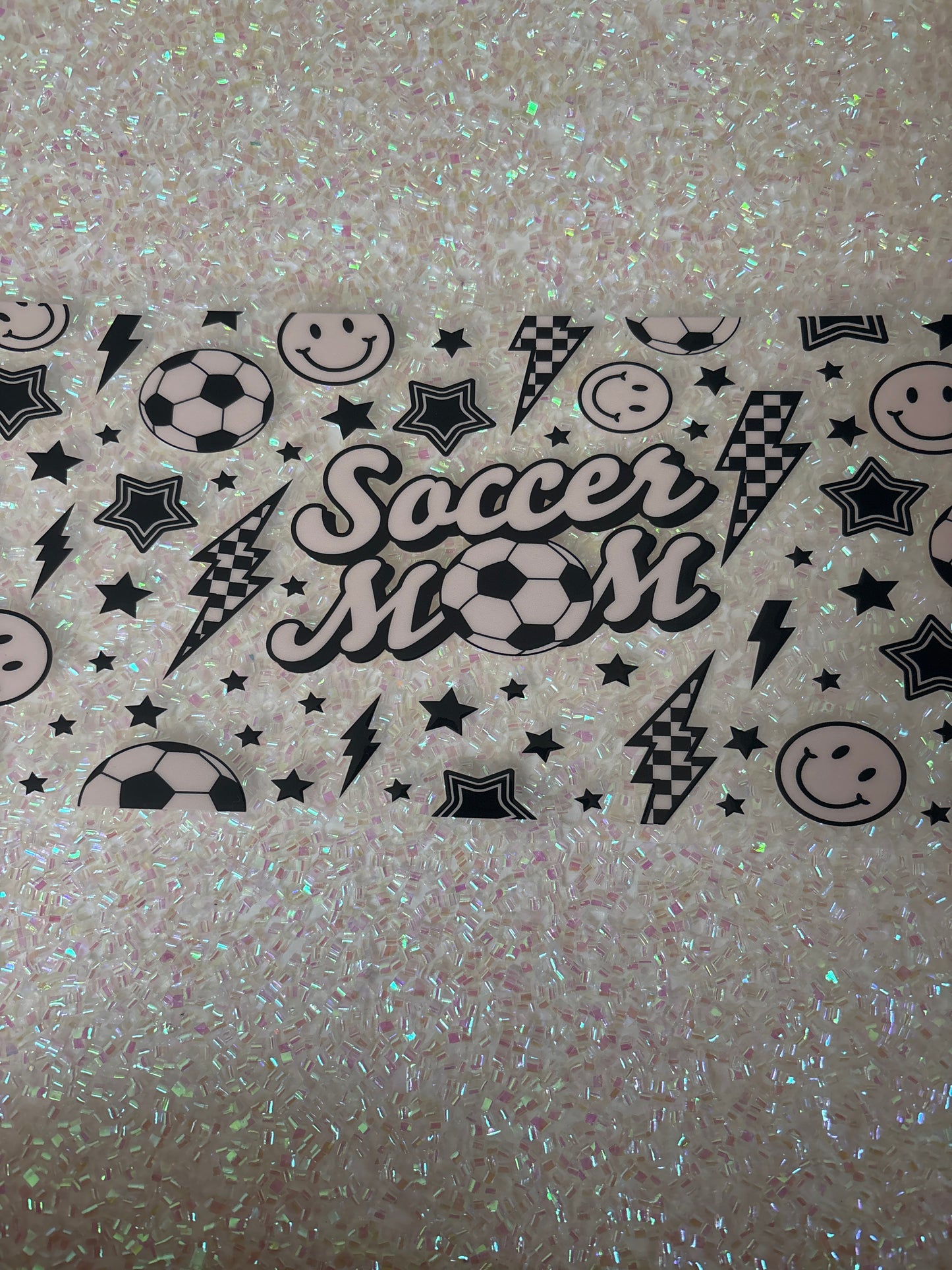 Soccer mom with lightning bolts and smiley faces