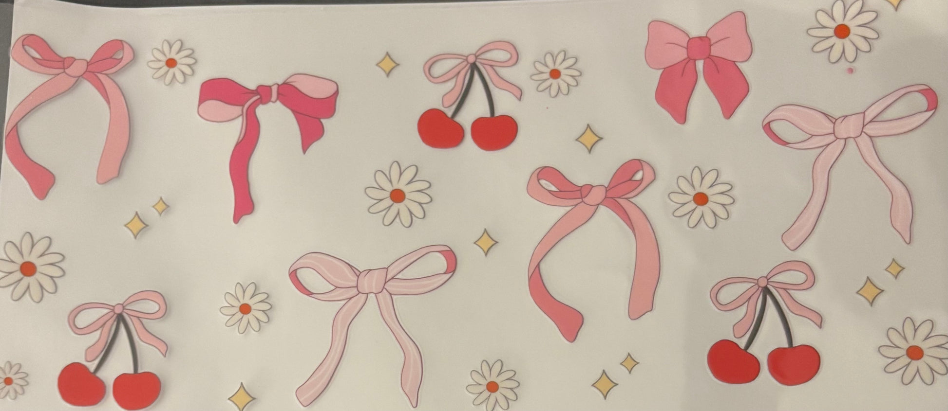 Pink bows with white flowers and red cherries