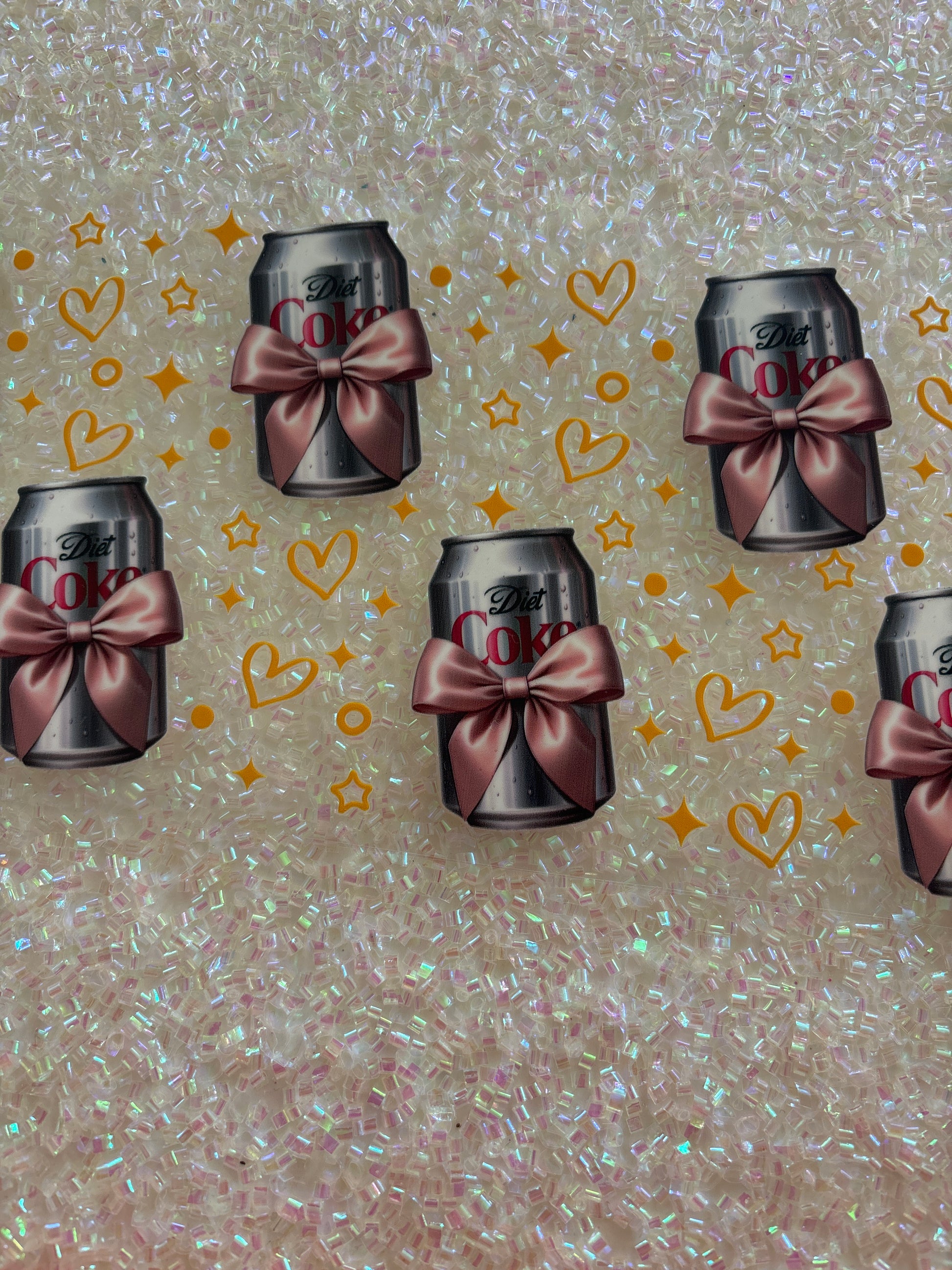 Diet Coke can with pink bows and gold hearts