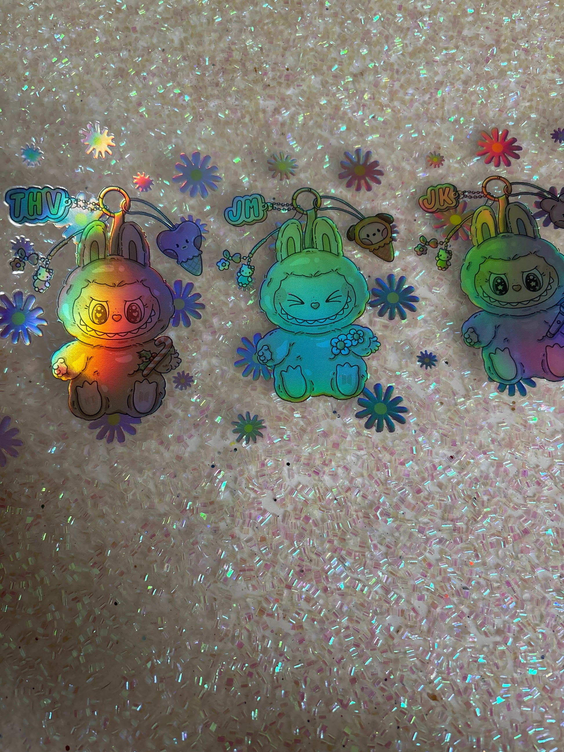 Holographic Labubu with nametags