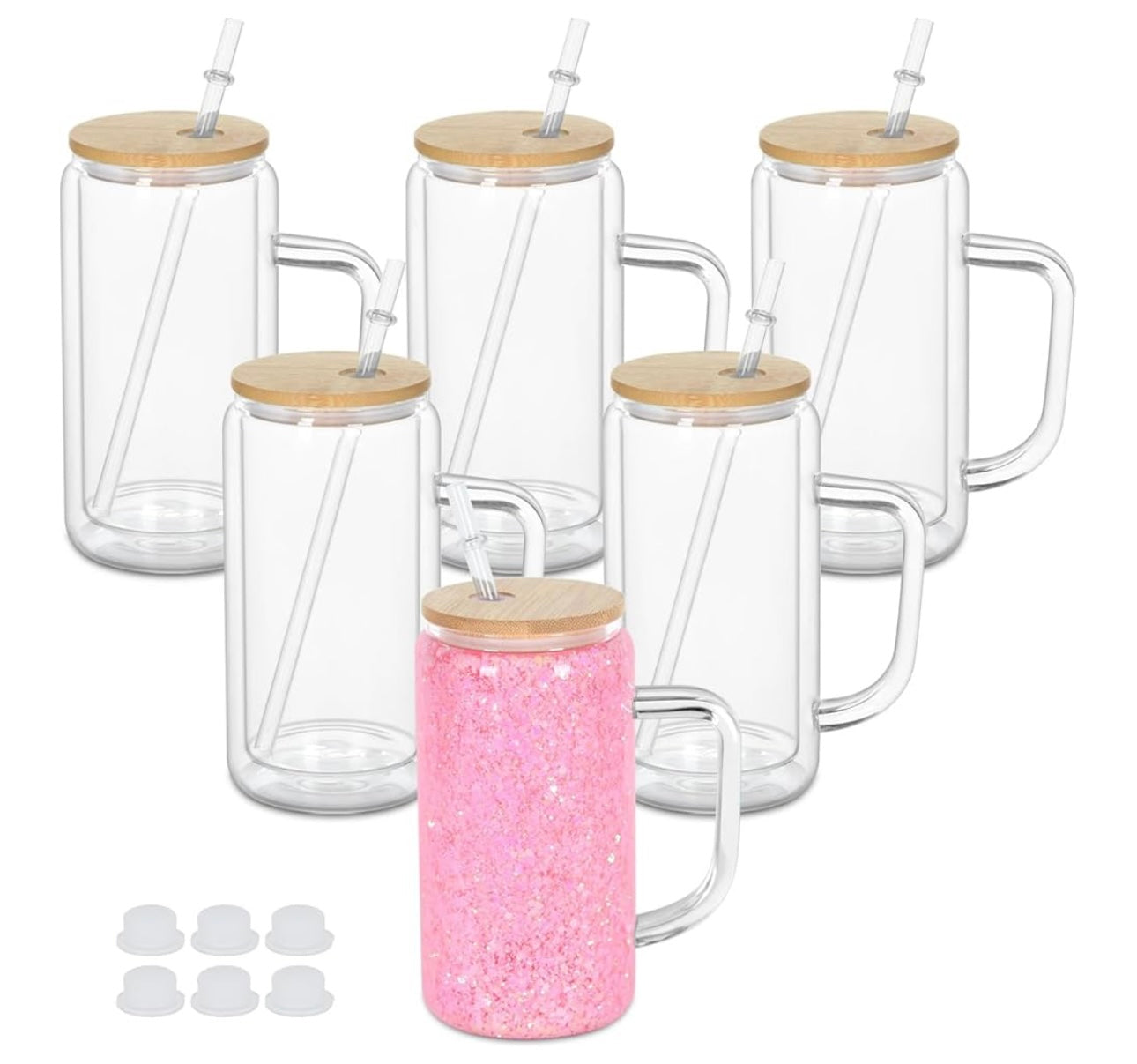 16 Oz Snow Globe Tumbler With Handle, Pre-Drilled Double Wall Snow Globe Glass Cup For Glitter, 6 Pack