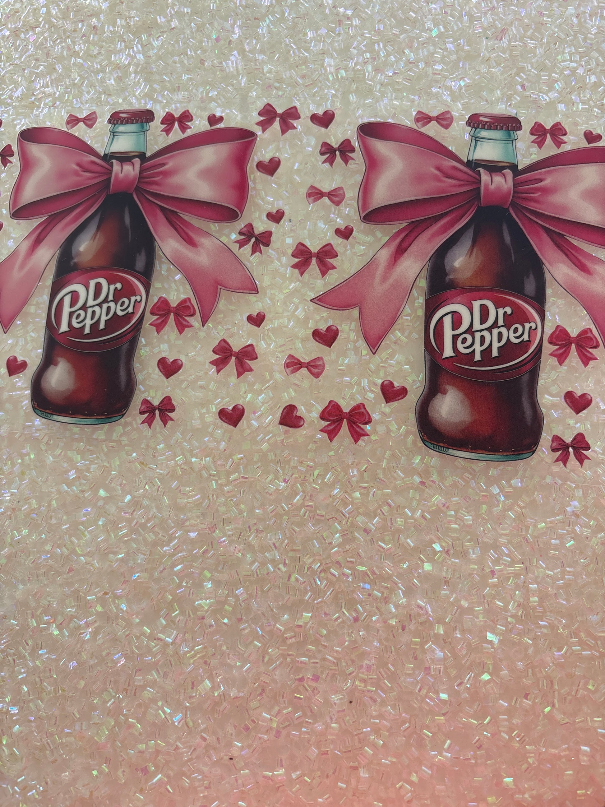 Dr Pepper glass bottle with pink bows and hearts