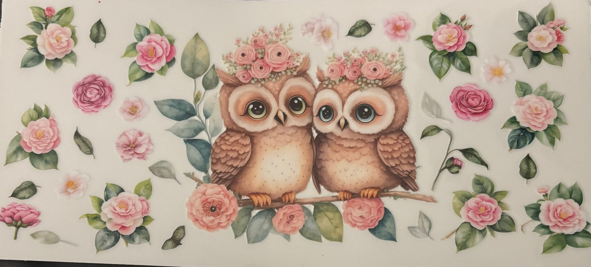 Two baby owls with a crown of flowers