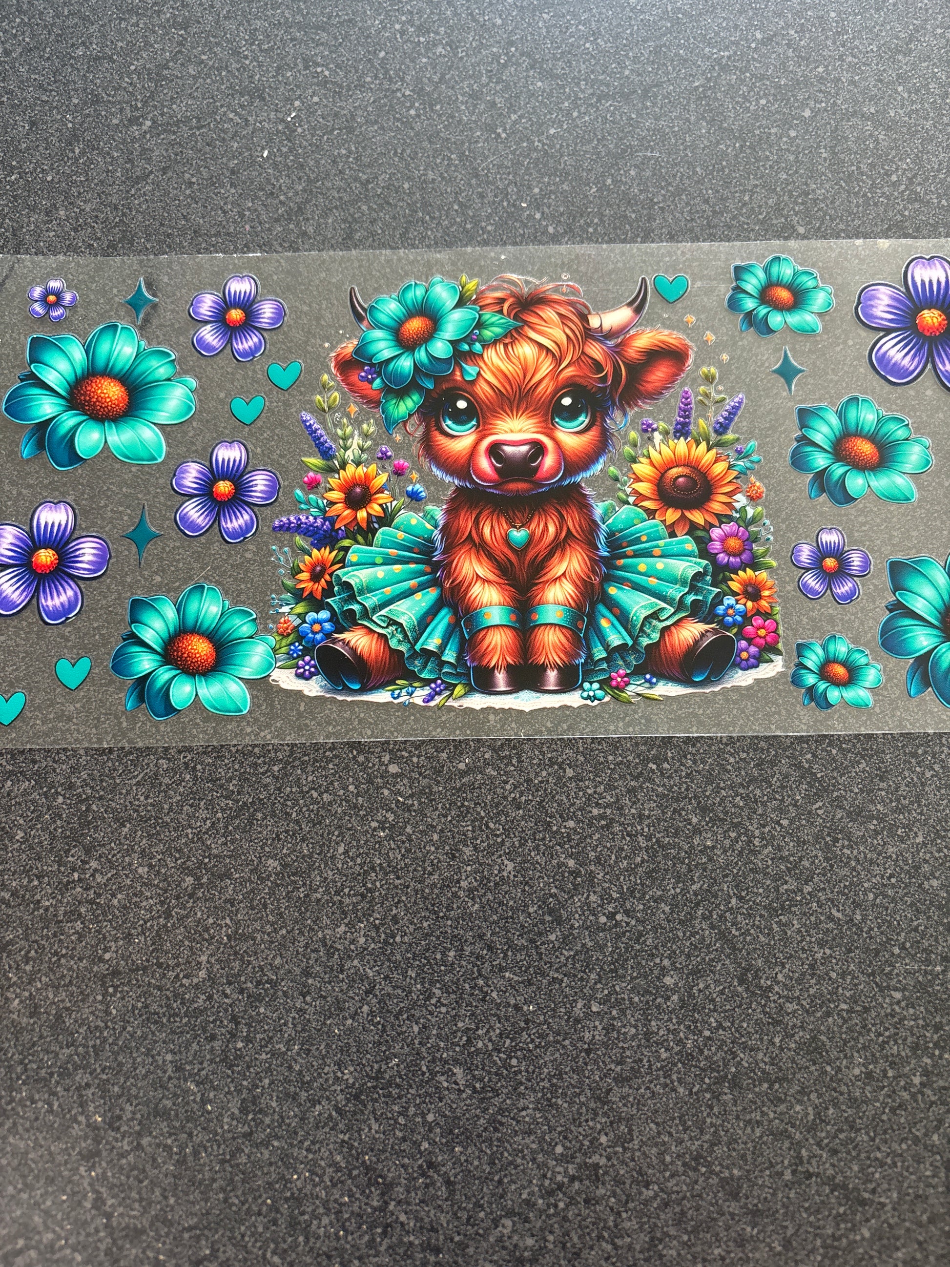 Highland cow with teal flowers and purple flowers