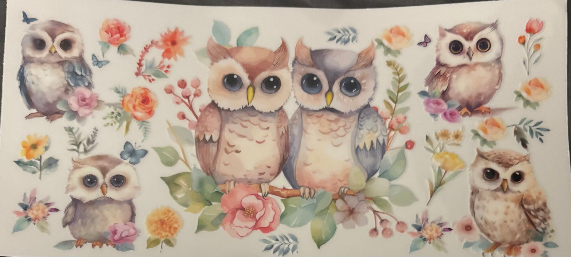 Two owls with flowers on a branch