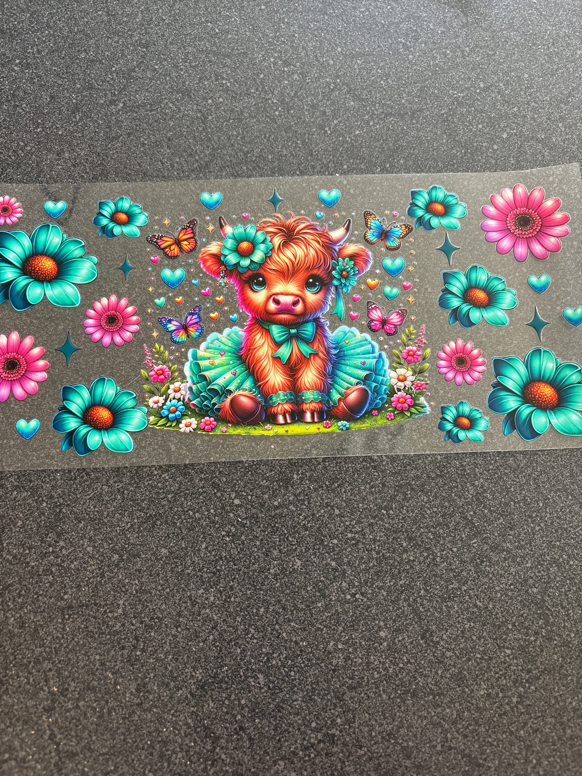 Highland cow with teal and pink flowers