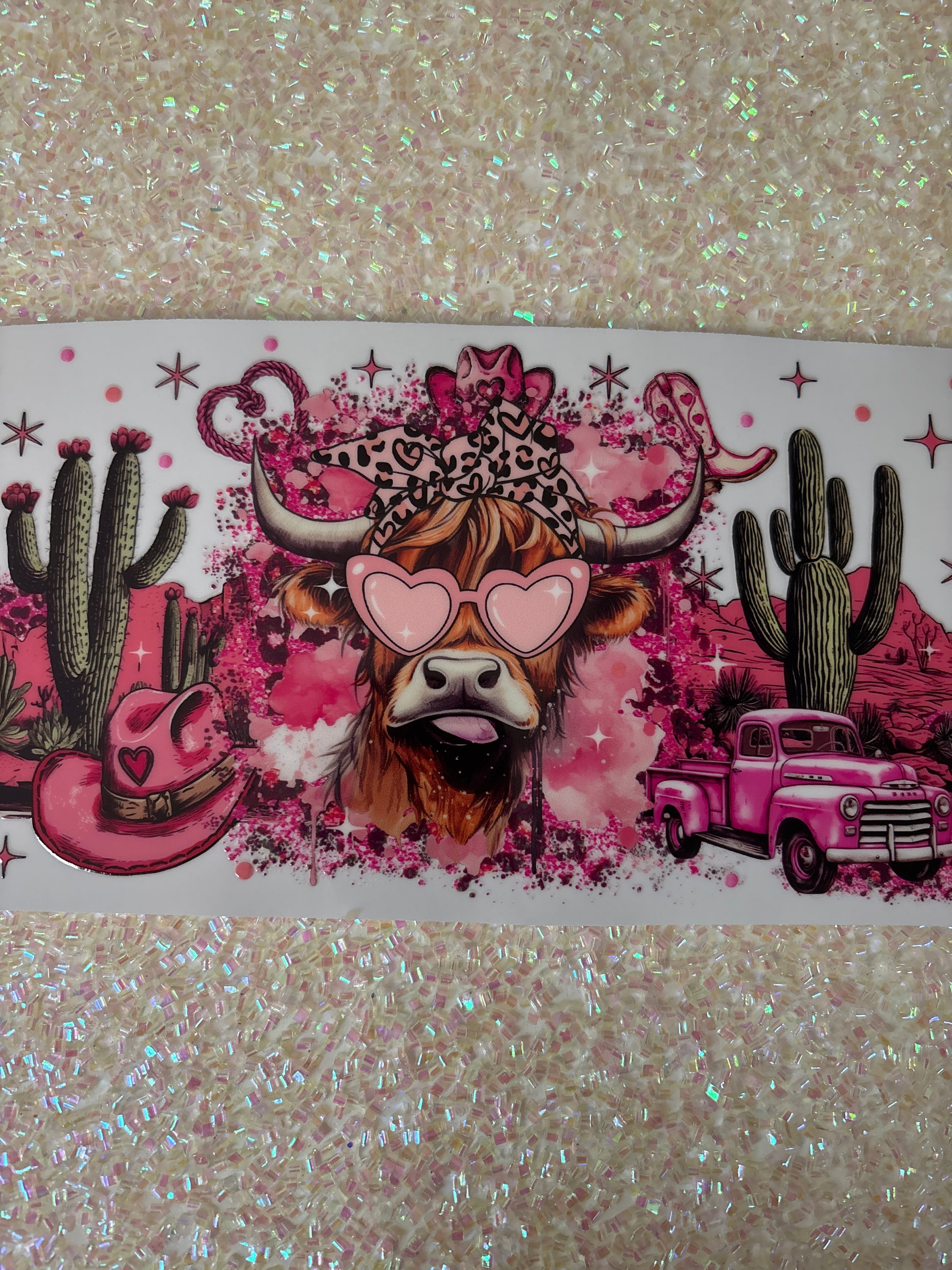 Highland cow in the desert with pink heart sunglasses🩷