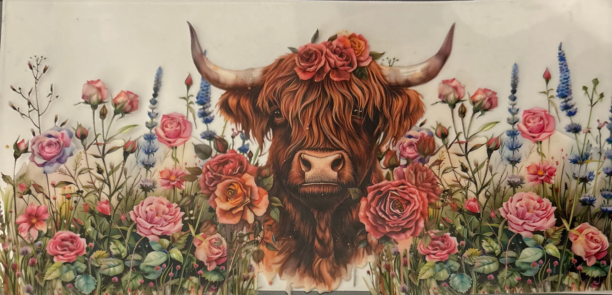 Highland cow with pink flowers