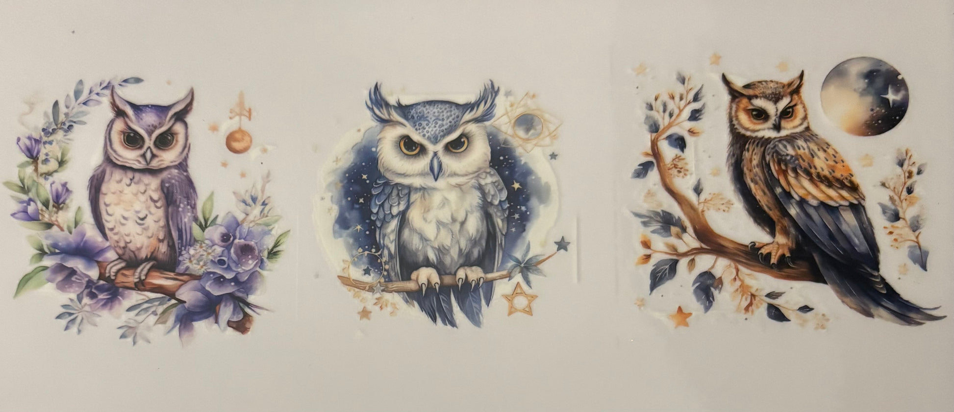 Three owls purple blue gold