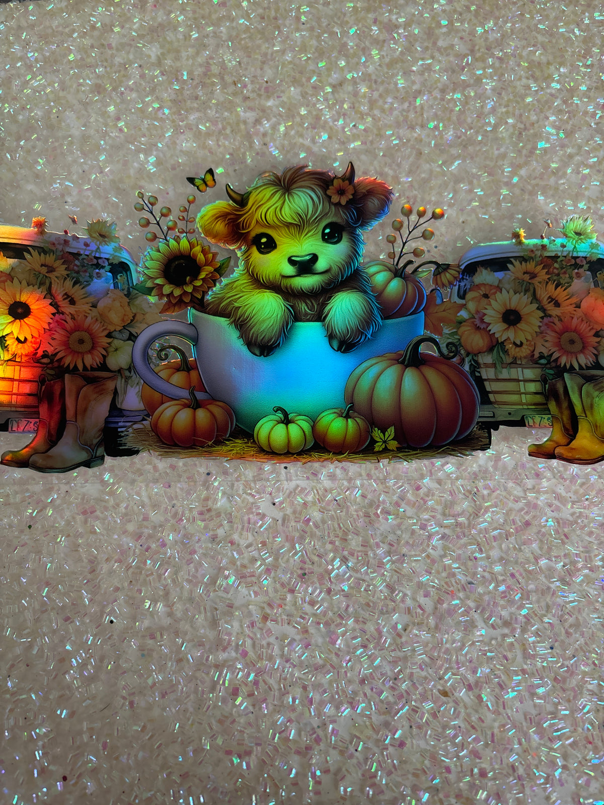 Holographic Highland cow in a teacup Fall