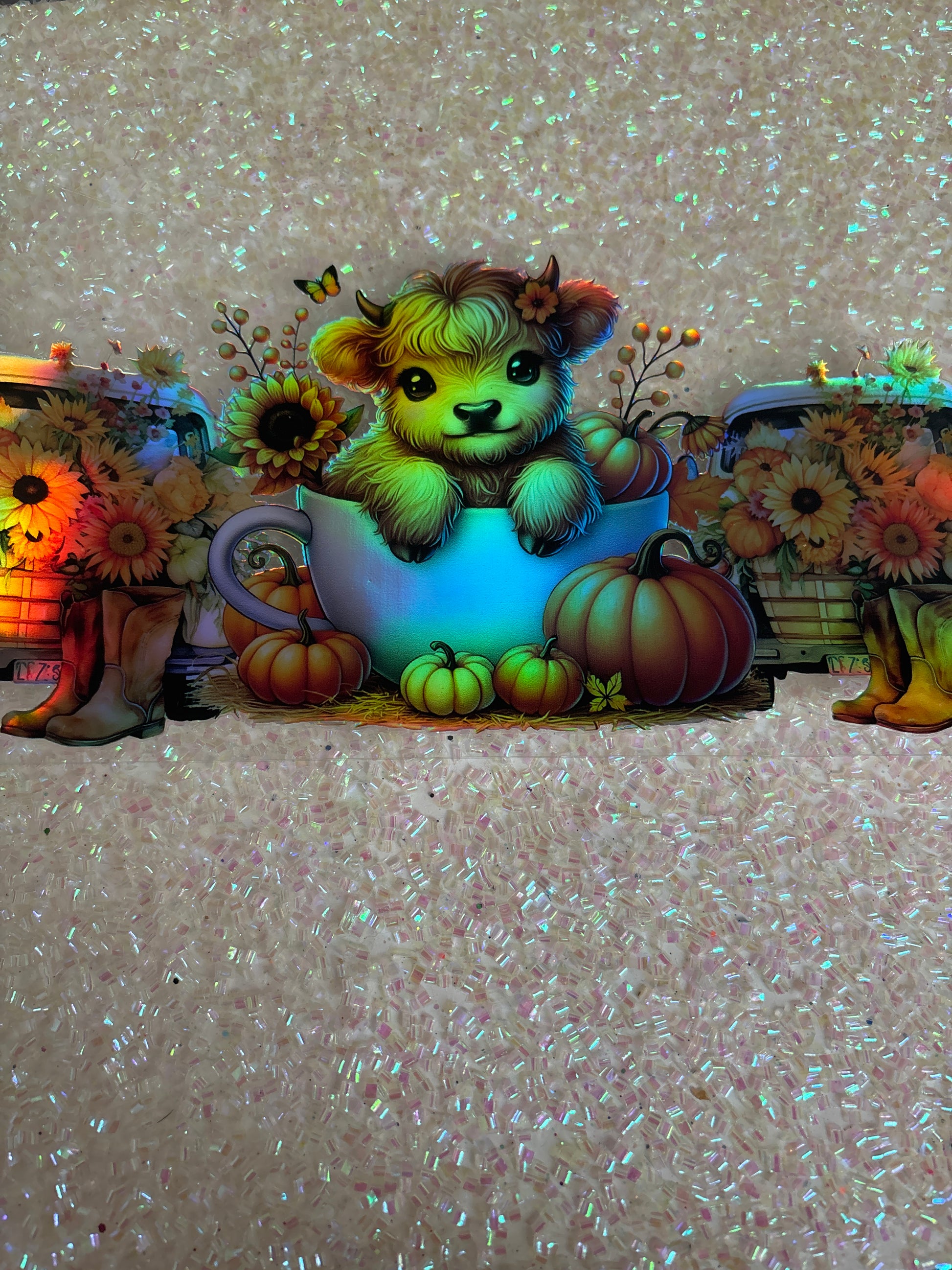 Holographic Highland cow in a teacup Fall