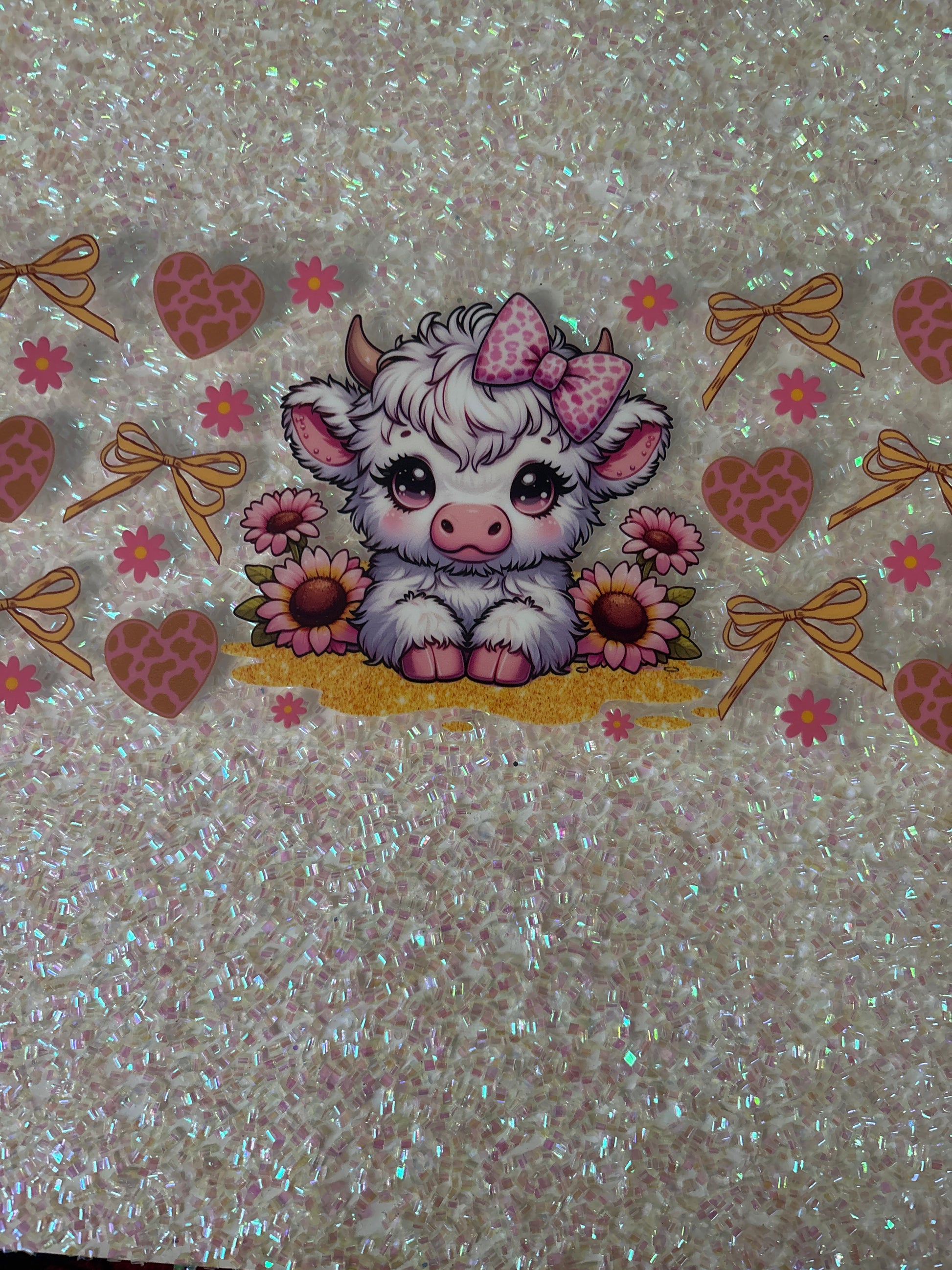 White Baby Highland Cow , Pink bow