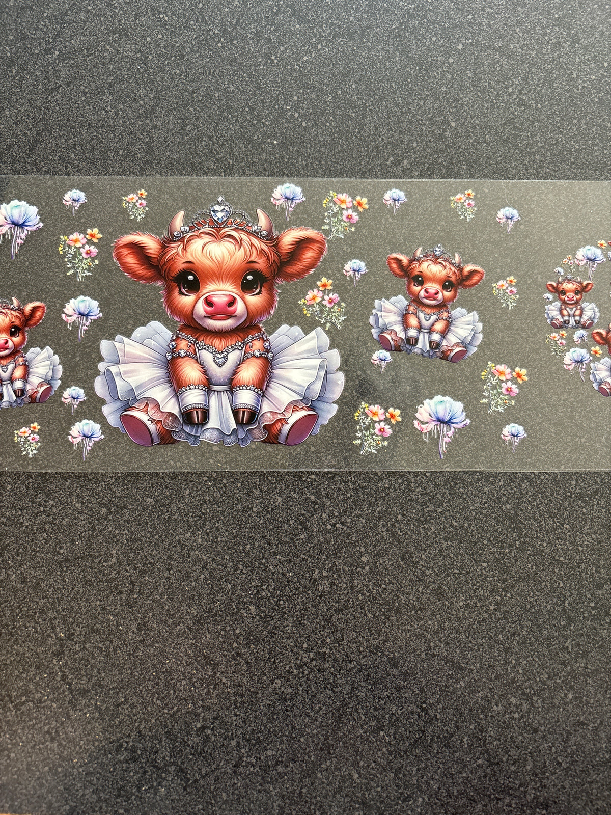 Highland cow with white dress and diamond crown lid decal