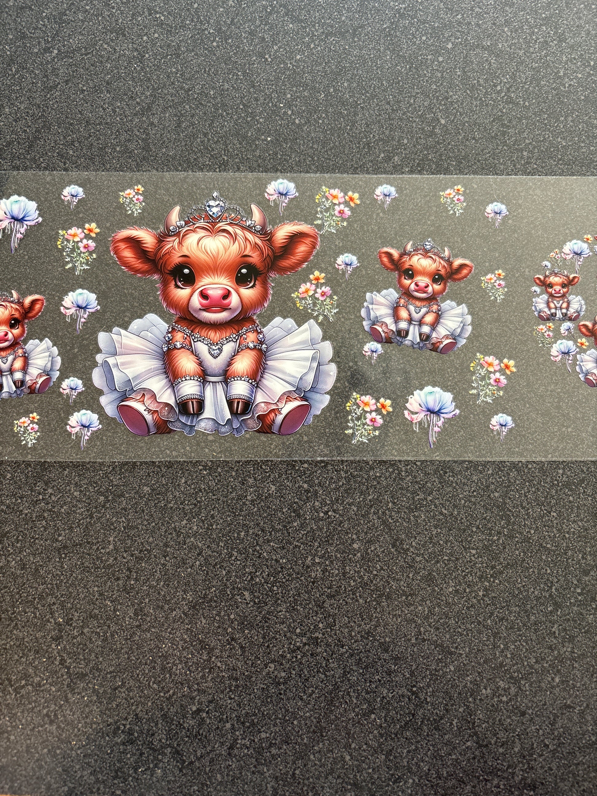 Highland cow with white dress and diamond crown lid decal