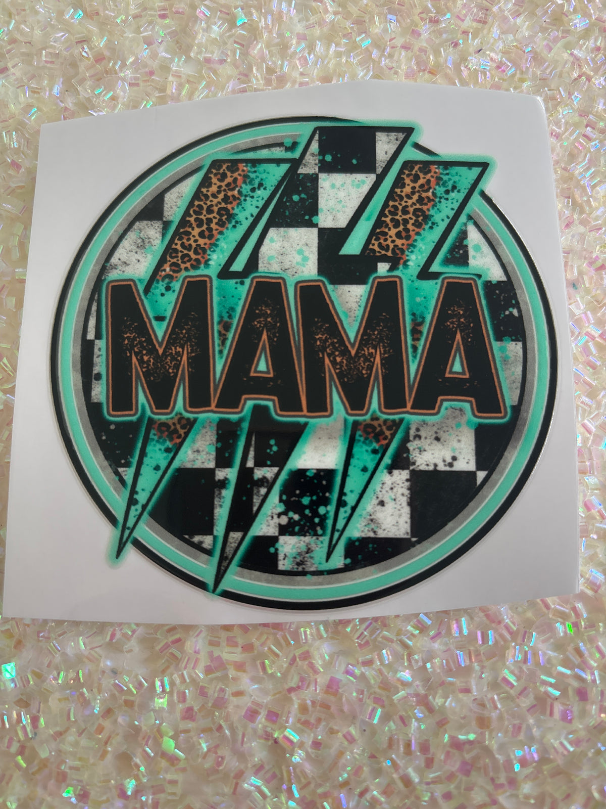 Teal Momma with leopard print and lightning bolts 4 inch decal