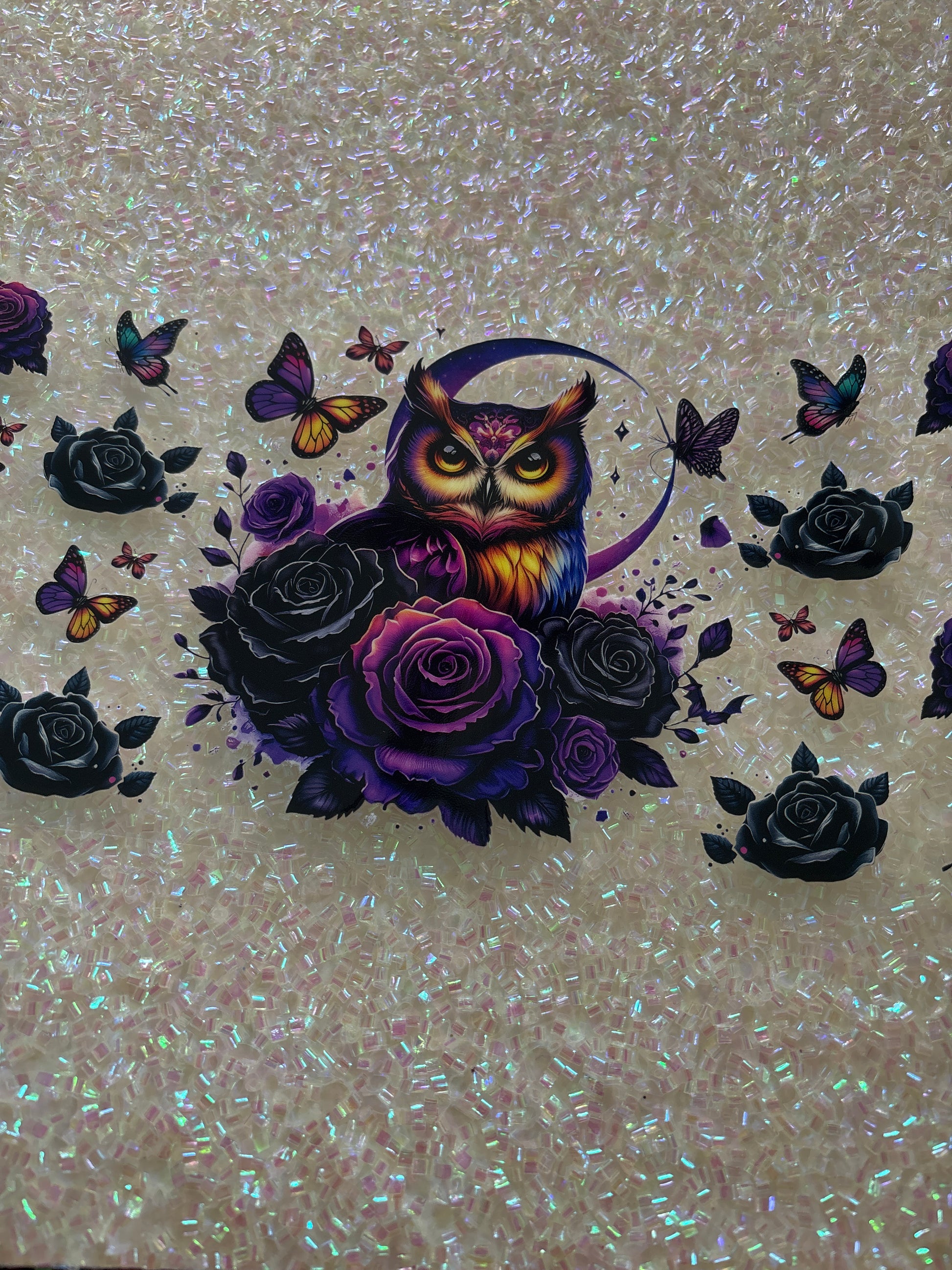 Owl with purple flowers